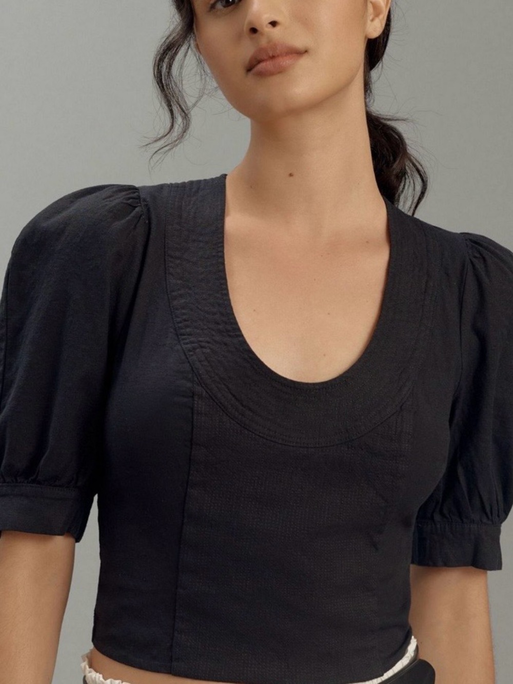 Anthropologie Black Puff-Sleeve Scoop Neck Blouse